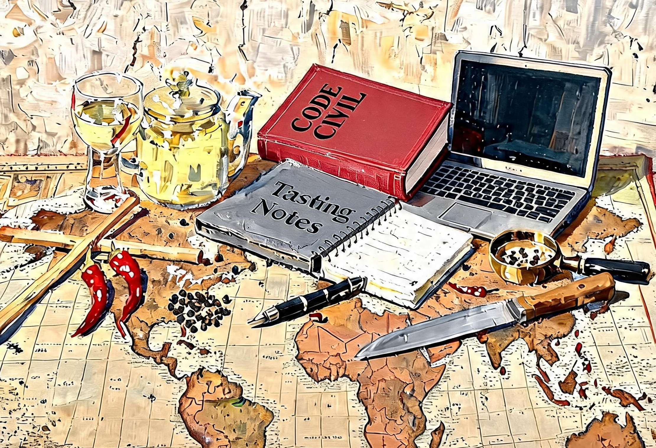 Still life: Code Civil, tasting notebook, laptop, knife, chillies, world map